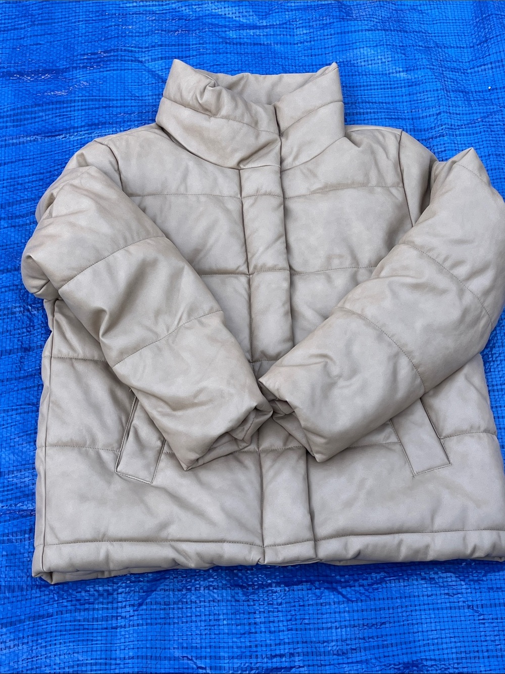 Neutral Light Beige Quilted Puffer Jacket with Stand Collar